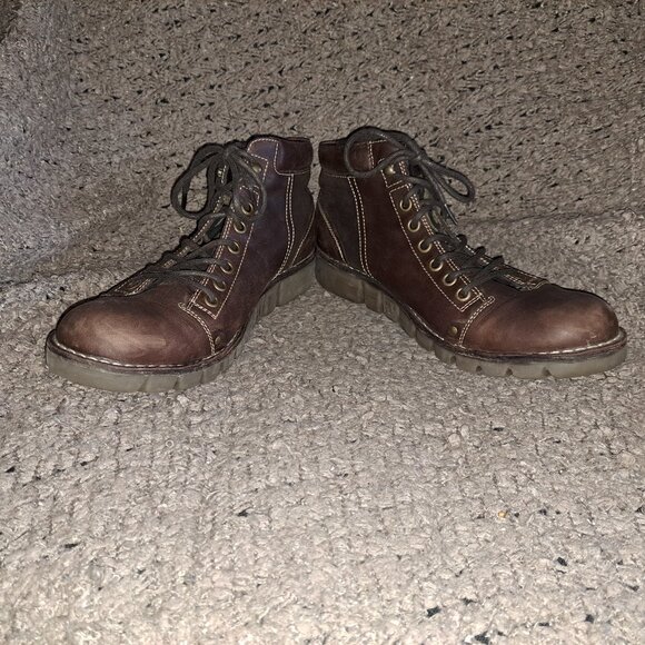 FLY LONDON-Brown Leather/Suede-Lace Up Moto/Work Boots-Sz 45-11.5-Excellent - Picture 1 of 8